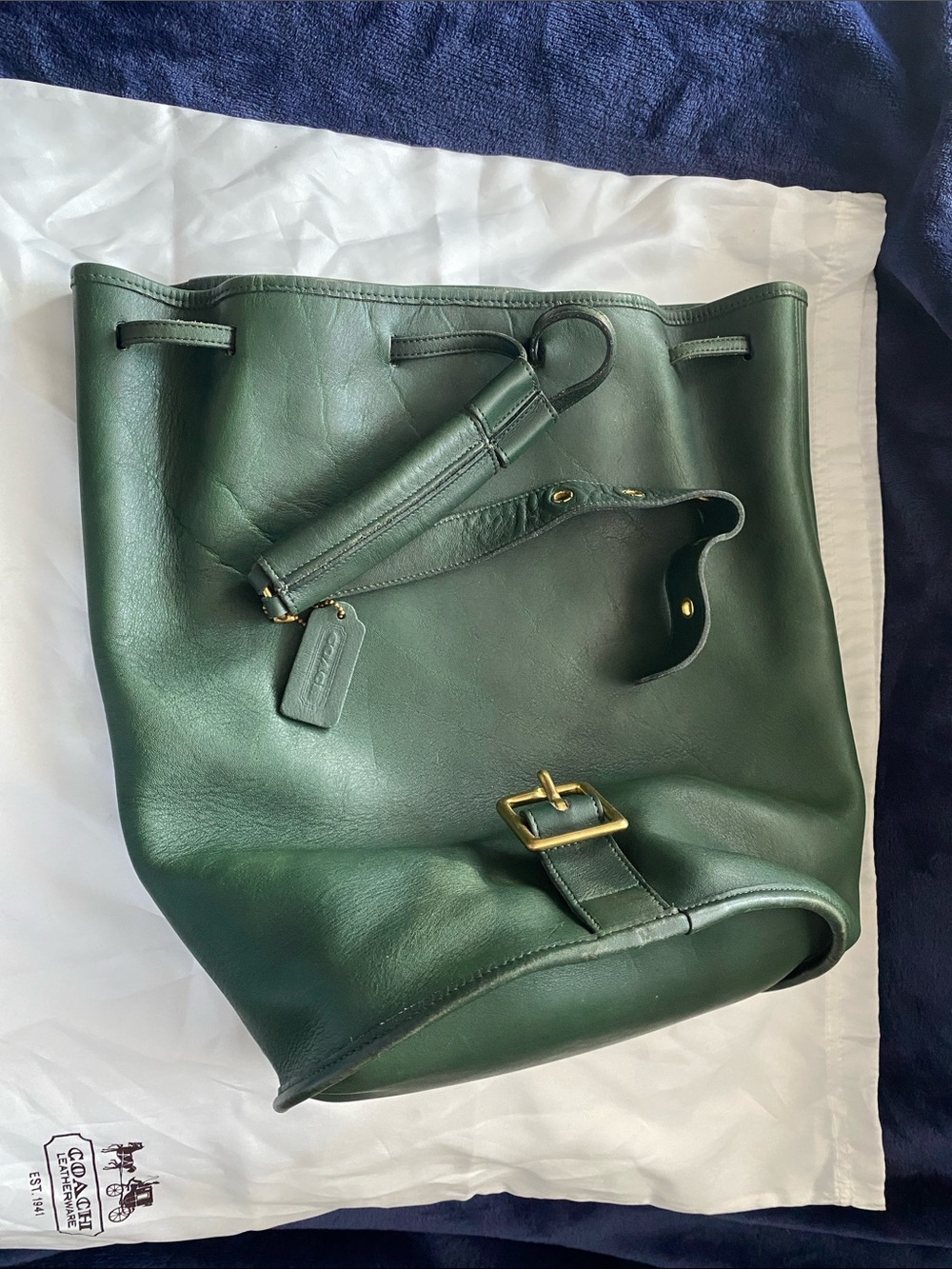 VTG Coach Bottle Green Leather Sling Backpack Drawstring Rucksack